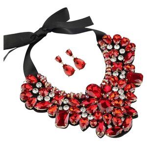 Holylove NWOT Red Rhinestone Statement Necklace Earring Set